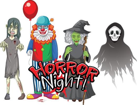 Horror Night text design with Halloween ghost characters