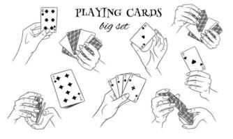 Gambling. Playing cards in hand. Casino, fortune, luck. Big set. Line style.