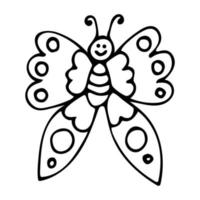 Mariposa de doodle de línea delgada, error feliz de dibujos animados aislado sobre fondo blanco. vector