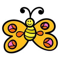 Thin line doodle butterfly, cartoon happy bug isolated on white background. vector