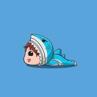 weary boy using shark costume vector icon illustration
