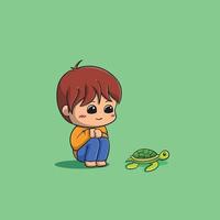 cute boy observe baby turtle vector icon illustration