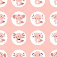 Cartoon style seamless pattern with axolotls in round shapes. vector