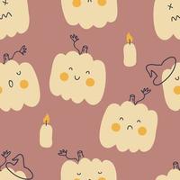 Pumpkins in witch hats with candles Halloween doodle seamless pattern. vector