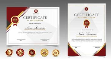 certificado de plantilla de reconocimiento, color dorado y rojo. Certificado limpio y moderno con insignia de oro. Plantilla de borde de certificado con patrón de líneas modernas y de lujo. plantilla de vector de diploma