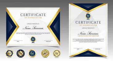 certificado de plantilla de reconocimiento, color dorado y azul. Certificado limpio y moderno con insignia de oro. Plantilla de borde de certificado con patrón de líneas modernas y de lujo. plantilla de vector de diploma