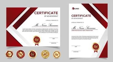 certificado de plantilla de reconocimiento, color dorado y rojo. Certificado limpio y moderno con insignia de oro. Plantilla de borde de certificado con patrón de líneas modernas y de lujo. plantilla de vector de diploma