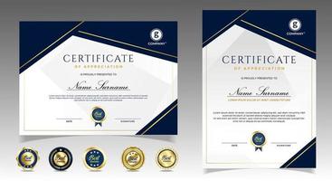 certificado de plantilla de reconocimiento, color dorado y azul. Certificado limpio y moderno con insignia de oro. Plantilla de borde de certificado con patrón de líneas modernas y de lujo. plantilla de vector de diploma