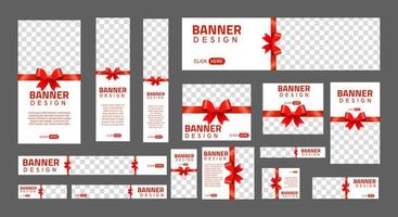 set collection of creative web banners with red ribbon and white color. idea for valentine, birthday, anniversary, greeting card and celebrations. transparent ad banner. vector