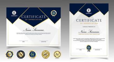 Certificate of appreciation template, gold and blue color. Clean modern certificate with gold badge. Certificate border template with luxury and modern line pattern. Diploma vector template