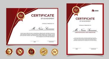 Certificate of appreciation template, gold and red color. Clean modern certificate with gold badge. Certificate border template with luxury and modern line pattern. Diploma vector template