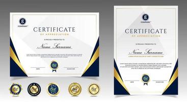 Certificate of appreciation template, gold and blue color. Clean modern certificate with gold badge. Certificate border template with luxury and modern line pattern. Diploma vector template