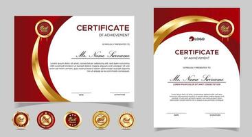 certificado de plantilla de reconocimiento, color dorado y rojo. Certificado limpio y moderno con insignia de oro. Plantilla de borde de certificado con patrón de líneas modernas y de lujo. plantilla de vector de diploma