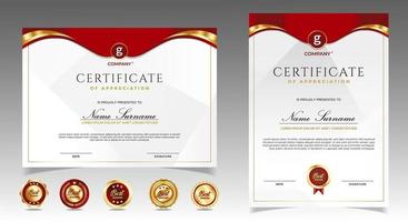 certificado de plantilla de reconocimiento, color dorado y rojo. Certificado limpio y moderno con insignia de oro. Plantilla de borde de certificado con patrón de líneas modernas y de lujo. plantilla de vector de diploma