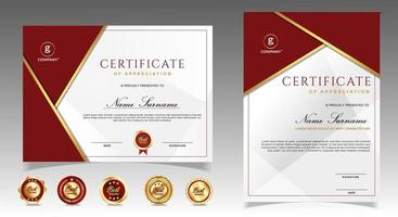 certificado de plantilla de reconocimiento, color dorado y rojo. Certificado limpio y moderno con insignia de oro. Plantilla de borde de certificado con patrón de líneas modernas y de lujo. plantilla de vector de diploma