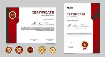 certificado de plantilla de reconocimiento, color dorado y rojo. Certificado limpio y moderno con insignia de oro. Plantilla de borde de certificado con patrón de líneas modernas y de lujo. plantilla de vector de diploma