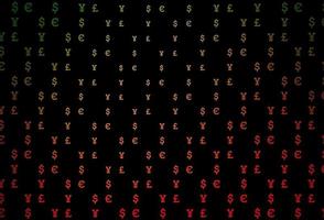 Dark green, red vector pattern with EUR, USD, GBP, JPY.