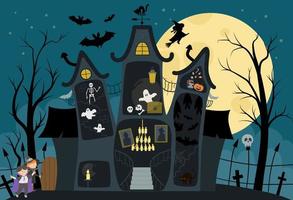 Vector haunted house interior illustration. Halloween background. Spooky cottage scene with big moon, ghosts, bats, children on dark blue background. Scary Samhain party invitation or card design.