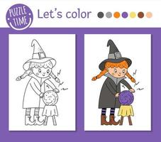 Halloween coloring page for children. Cute funny witch with magic ball. Vector autumn holiday outline illustration. Trick or treat dress party color book for kids with colored example