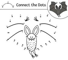 Vector Halloween dot-to-dot and color activity with cute bat. Autumn holiday connect the dots game. Funny coloring page for kids with scary animal.