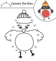 Vector Christmas dot-to-dot and color activity with cute bullfinch. Winter holiday connect the dots game for children with bird in hat. Funny coloring page for kids with traditional New Year symbol.