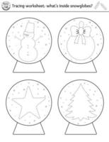 Hoja de trabajo de práctica de dibujo de Navidad vectorial. actividad imprimible en blanco y negro de invierno para niños en edad preescolar. juego de rastreo educativo para habilidades de escritura. ¿Qué hay dentro de los globos de nieve? vector