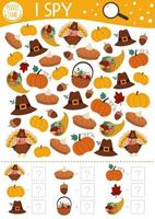 Thanksgiving I spy game for kids. Searching and counting activity for preschool children with turkey, pumpkin, cornucopia. Funny autumn printable worksheet for kids. Simple fall spotting puzzle. vector