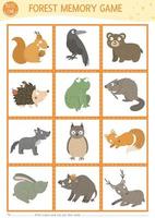 Vector forest animals and birds memory game cards with squirrel, raven, bear. Woodland matching activity. Remember and find correct card. Simple printable worksheet for kids with fox, wolf