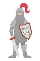 caballero de cuento de hadas. Guerrero blindado de fantasía aislado sobre fondo blanco. soldado de cuento de hadas en casco con espada, escudo, cota de malla. icono de dibujos animados con carácter medieval y arma. vector