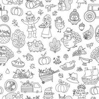 Vector black and white Thanksgiving seamless pattern. Outline autumn repeat background with funny pilgrims, native American, turkey, animals, harvest. Line fall holiday digital paper