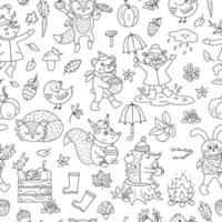 Black and white seamless pattern with vector autumn characters. Cute woodland animals line repeat background. Fall season coloring page.  Funny forest print with hedgehog, fox, bird, deer, rabbit