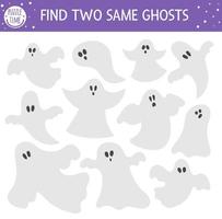 Encuentra dos fantasmas iguales. actividad de juego de halloween para niños. Divertida hoja de trabajo de prueba lógica educativa de otoño para niños. simple juego imprimible con espeluznantes espeluznantes vector