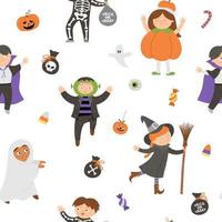 Vector seamless pattern with cute Halloween characters. Digital paper with children in scary costumes. Funny autumn all saints eve background with vampire, ghost, pumpkin, Frankenstein.