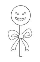 Vector black and white sweet for trick or treat game. Scary ghost like lollypop with bow. Traditional Halloween party food. Monster shaped dessert. Autumn holiday coloring page