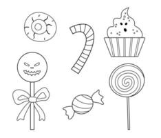 Set of vector black and white sweets for trick or treat game. Traditional Halloween party food. Scary lollypops, caramel, candy sticks collection. Ghost, skull shaped desserts pack.