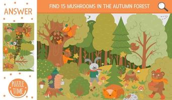 Vector autumn searching game with cute woodland animals. Find hidden mushrooms in the forest. Simple fun educational fall season printable activity for kids