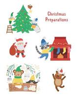 Set with cute Christmas preparation scenes. Animals decorating tree, baking cookies, hanging stockings on a fireplace. Winter illustration with smiling characters. Funny card design. New Year print vector