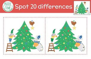 Christmas find differences game for children. Winter educational activity with funny animals decorating fir tree. Printable worksheet with smiling characters. Cute New Year puzzle for kids vector