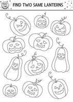 Find two same jack-o-lanterns. Black and white Halloween matching activity. Funny outline autumn quiz worksheet or coloring page for kids. Simple printable game with pumpkin lanterns vector