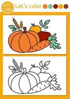 Página para colorear de jardín para niños con verduras y frutas. vector ilustración de contorno de otoño con cosecha. libro de colores para niños con ejemplo de colores. hoja de trabajo imprimible de habilidades de dibujo