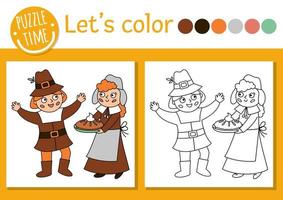 Thanksgiving coloring page for children with pilgrims. Vector autumn holiday outline illustration with first settlers. Adorable fall color book for kids with colored example. Drawing skills worksheet