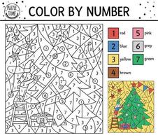 Vector Christmas color by number activity with rabbit decorating fir tree. Winter holiday coloring and counting game with cute animal. Funny New Year coloration page for kids.