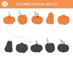 Autumn shadow matching activity for children. Fall season puzzle with cute pumpkins. Simple educational game for kids with vegetables. Find the correct silhouette printable worksheet. vector