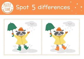 Autumn find differences game for children. Fall season educational activity with raccoon with umbrella under the rain. Printable worksheet with funny smiling animal. Cute forest scene vector