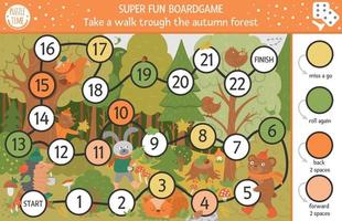 Autumn board game for children with cute woodland animals. Educational boardgame with bear, hare, fox. Take a walk through the forest activity. Fall season or thanksgiving printable worksheet.