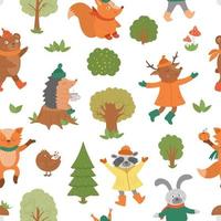 Seamless pattern with vector autumn characters. Cute woodland animals repeat background. Fall season texture.  Funny forest print with hedgehog, fox, bird, deer, rabbit, bear, squirrel, tree.