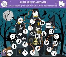 Halloween board game for children with haunted house and cute children. Educational boardgame with bat, skeleton, ghost. Help the children go through the spooky cottage printable activity. vector