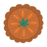 Vector traditional Thanksgiving pumpkin pie upper view. Autumn dessert isolated on white background. Cute funny illustration of fall holiday meal with green leaf