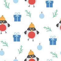 Vector seamless pattern with Christmas elements. Cute simple funny flat style New Year repeating background with bullfinch, colored ball, present.