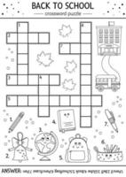 Vector black and white back to school crossword puzzle for kids. Simple line quiz with school objects for children. Educational autumn activity or coloring page with cute funny kawaii characters